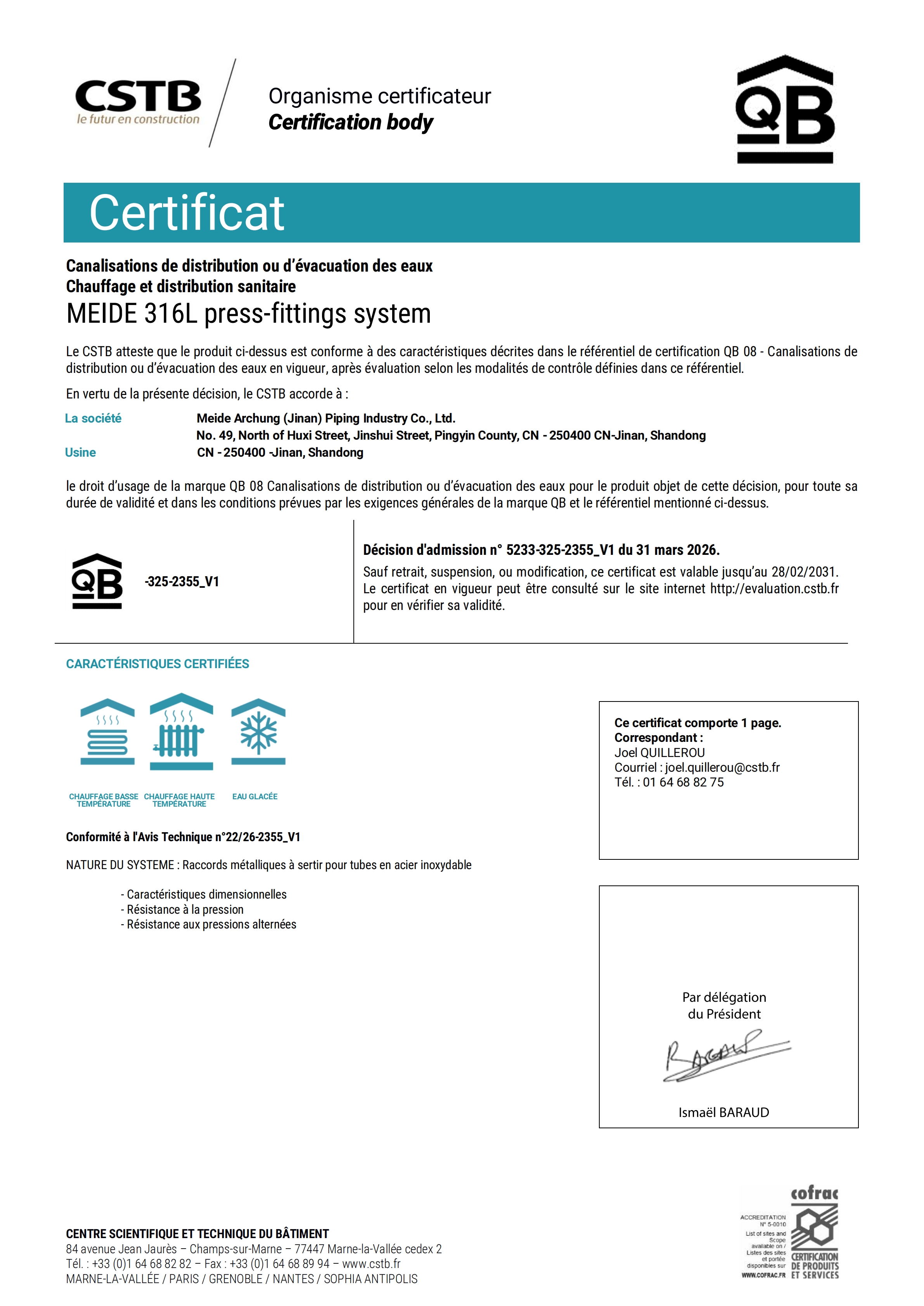 MEIDE Group’s Stainless Steel Press Fittings and Pipes Earn French CSTB Certification